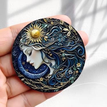 Imagem de Ímã de geladeira vintage em relevo perfil feminino sol lua design de cabelo floral -5,8 cm adesivo de geladeira redondo acrílico decoração retrô presente tamanho perfeito para geladeira, armário ou