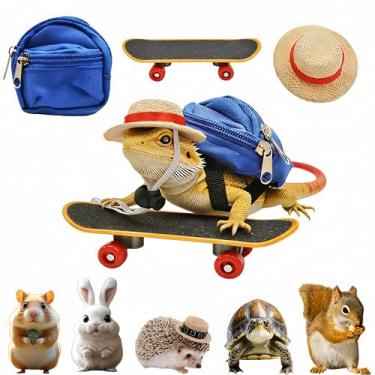 Imagem de Magnoloran Conjunto de acessórios de dragão barbudo, lindo conjunto de fantasia 3 em 1 para animais de estimação - mini mochila, chapéu e skate, adereços de fotografia para lagarto, hamster, papagaio