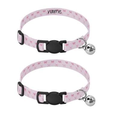 Imagem de SEHANY Conjunto de 2 coleiras de cachorro com laço rosa fofo, fivela de plástico resistente, leve, macia e leve, com sino pequeno, coleiras personalizadas com nome de animal de estimação para meninos