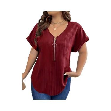 Imagem de Camiseta Feminina plus Size Com Decote Em V, Manga Curta E Zíper, Casu
