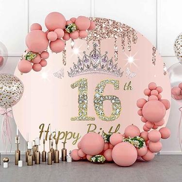 Imagem de PHMOJEN Sweet 16th Birthday Round Backdrop Cover, 2,2 x 2,2 m poliéster rosa ouro rosa glitter prata diamantes círculo pano de fundo, chique circular feliz 16 aniversário decorações foto cabine