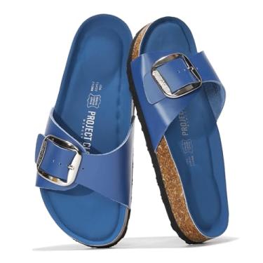 Imagem de Project Cloud Sandálias femininas de couro genuíno elegantes para praia de verão - chinelos e chinelos com palmilha de espuma viscoelástica sandálias femininas confortáveis, Cobalto, 35