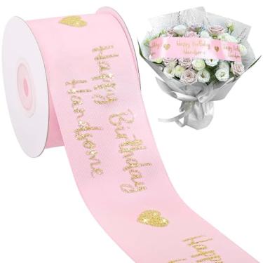 Imagem de 1 rolo 10 jardas fita de feliz aniversário rosa glitter feliz aniversário bonito fita para festa embrulho de presente, artesanato faça você mesmo, suprimentos de decoração de casa, 5 cm