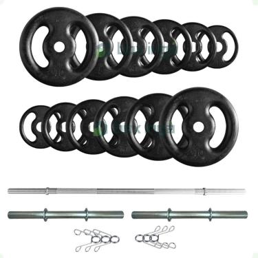 Imagem de Kit 50 Kg de Anilhas Ferro + 2 Barras Maciças Zincada 40cm e Barra de 150cm-Unissex