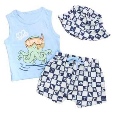 Imagem de Conjunto de Verão Bebê com Chapéu - Fundo do Mar Azul Claro - Era Uma 