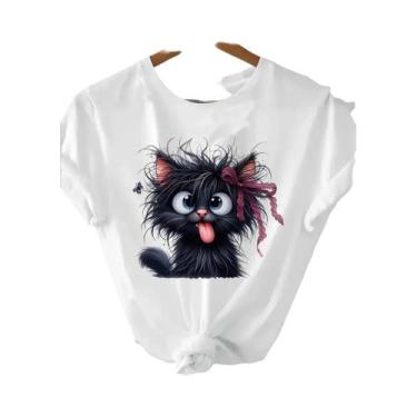 Imagem de Camiseta Feminina Divertida Com Estampa De Gato Frito E Laço Borboleta