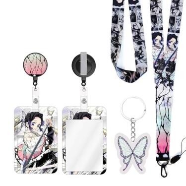 Imagem de TJIUSI Cordão de anime com carretel de crachá retrátil e suporte de crachá de identificação roxo engraçado (com chaveiro de anime) conjunto de 4 peças com clipe giratório de borboleta para enfermeiras