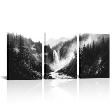 Imagem de VANSEEING Arte de parede de floresta nebulosa para sala de estar - Arte de parede em tela de montanhas para escritório - Decoração de parede com imagem de cachoeira preta e branca para quarto 30,5 x