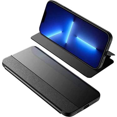 Imagem de ZEDEVB Capa de telefone flip, para Apple iPhone 14 Plus 6,7 polegadas 2022 couro à prova de choque capa fólio de janela de visualização clara [Suporte] (Cor: Preto)