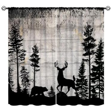 Imagem de Cortinas rústicas para cabana de urso, árvore de pinheiro, floresta de caça, tratamento de janela para sala de estar, retrô, casa de fazenda, animais selvagens, cortinas de madeira para cozinha