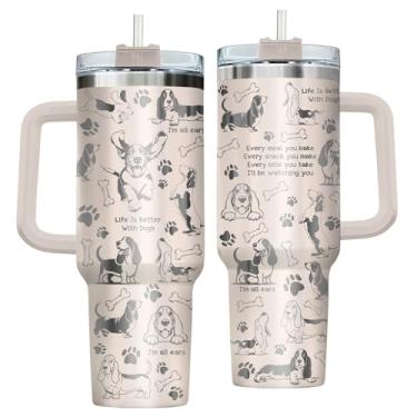 Imagem de GEPOSTORE Copo para cães Cute Basset Hound 1,134 g com alça e canudo, copo isolado a vácuo com estampa de pata de animal de estimação, presente Life is Better with Dogs para pai, mãe, mulheres e