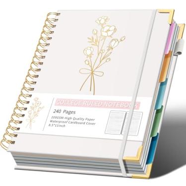 Imagem de Cadernos espirais de capa dura 21,6 cm x 28 cm Caderno para anotações com 5 matérias, pautado na faculdade, com divisórias, 240 páginas, caderno espiral estético de 100 g/m² para trabalho, escola
