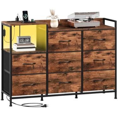 Imagem de Somdot Cômoda com estação de carregamento e prateleiras abertas, cômoda para quarto com 8 gavetas, unidades de organização de armários de armazenamento para sala de estar, corredor, moldura de metal