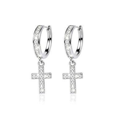 Imagem de BOOZIQ Brincos de cruz de ouro para mulheres, brincos de argola de zircônia cúbica, vintage, brinco de pressão, joia moderna, presente para mulheres, Large, Cobre, Sem pedra preciosa