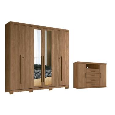 Imagem de Guarda Roupa Casal com Cômoda Qc349 6 Portas de Bater 4 Gavetas MDP com Espelho Jatobá
