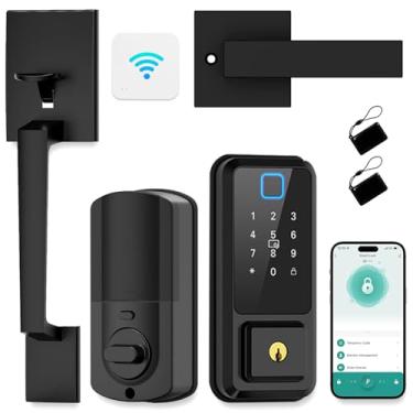 Imagem de Hunnay Fechaduras inteligentes para porta da frente, conjunto de fechadura de porta frontal, fechadura de teclado, controle de aplicativo de impressão digital, Bluetooth Alexa, trava automática, fácil