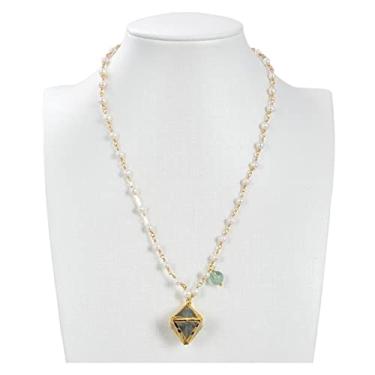 Imagem de DWBPGVUN Colar gargantilha de pérola com corrente de rosário branco cultivado, pingente de barra de pepita de fluorita, 45,7 cm para mulheres