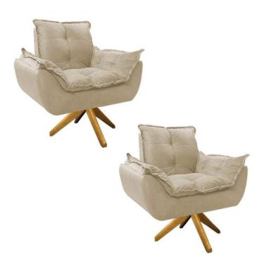 Imagem de kit 02 Poltronas Opala Base Giratória de Madeira Suede Bege - Doce Son
