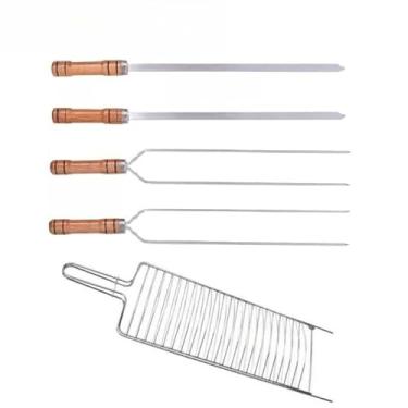 Imagem de Kit Churrasco Grelha Dupla + 4 Espetos Cabo Madeira 65cm Para Peixes Carnes Frangos Linguiça Churrasco