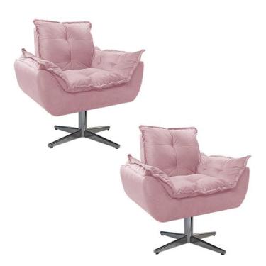 Imagem de kit 02 Poltronas Opala Base Giratória de Metal Suede Rosa Bebê - Doce 