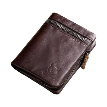 Imagem de Carteira De Couro Masculina Com Bloqueio RFID, Porta-Cartões Com Zíper