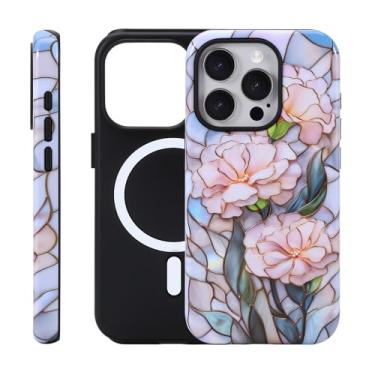 Imagem de Fourmor Capa para iPhone 15 ProMax – Carregamento sem fio para MagSafe, capa externa rígida de policarbonato + capa protetora interna de TPU macio de 2 camadas à prova de choque, padrão de lótus 3D