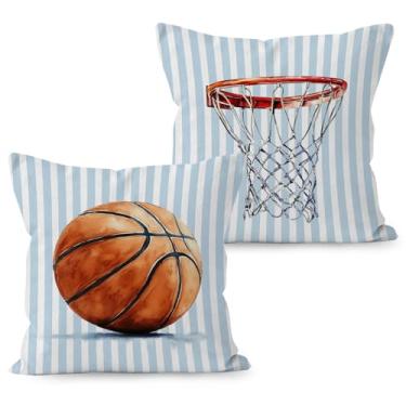 Imagem de Liosei Capa de almofada decorativa de basquete listrada azul, decoração de basquete para quarto de meninos, fronhas esportivas para quarto de crianças, quarto de meninos, sala de jogos, decoração de