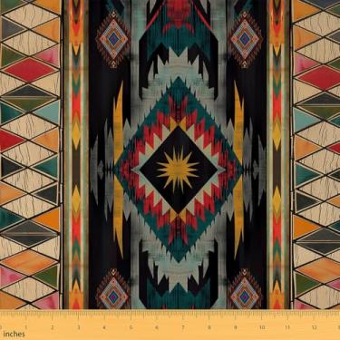 Imagem de jejeloiu Tecido geométrico Southwest da The Yard 5 jardas infantil tribal design nativo tecido estofado para cadeiras vermelho azul-petróleo amarelo para projetos de casa DIY, decoração interna e