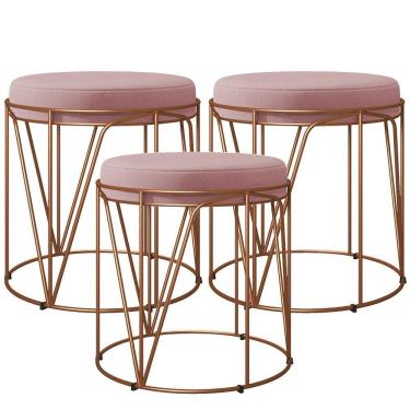 Imagem de Kit 03 Puffs Decorativo Aramado Bronze Zaya L02 Suede Rosê