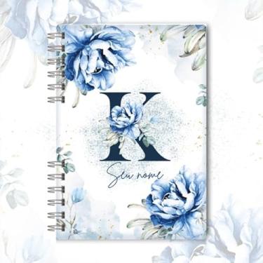Imagem de Caderno A5 floral azul capa dura personalizado com inicial e nome, caderneta para anotações, caderno de anotações pautado ou sem pauta para estudo, organização e uso diário (K)