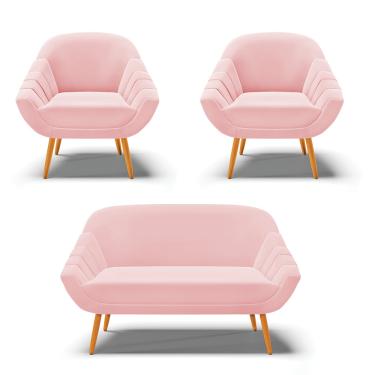 Imagem de Kit 01 Namoradeira 02 Lugares e 02 Poltronas Giovana Suede Rosa Bebê Pés Palito Castanho - D'Rossi