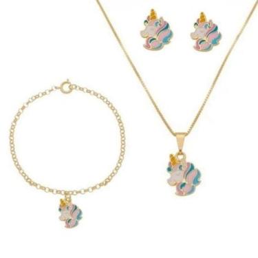 Imagem de Combo Infantil Brinco/Corrente E Pulseira Unicórnio Banhado