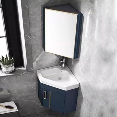 Imagem de Armário De Pia De Banheiro De Canto Dyuz Com Pia De Cerâmica & Espelho, Conjunto De Armário De Pia De Banheiro De Parede, Vaidade De Pia De Banheiro De Canto Pequeno Com, Blue, 43cm/17"