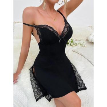 Imagem de Camisola Elegante Preta Com Renda Floral, Alça Ajustável, Lingerie Mac