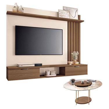 Imagem de Painel Suspenso Lets Castanho Off White com Mesa de Centro Sky com tampo de Vidro Castanho - HB Móveis