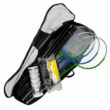 Imagem de Kit Completo Badminton 4 Raquetes 4 Petecas c Rede Mastros Bolsa Praia