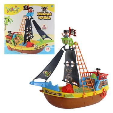 Imagem de Brinquedo Infantil Barco Pirata com Rodinha Kit 23 Peças Flutua na Água com Bonecos e Adesivos Maral