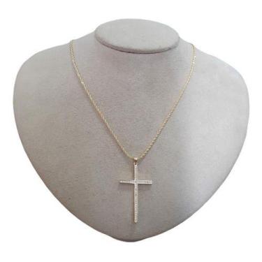 Imagem de Colar Comprido Cruz Cravejado De Zirconia Dourado F Ouro 18k - - De Ca