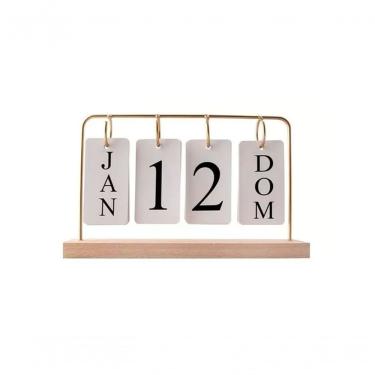 Imagem de Calendário de Mesa Apex Decorativo Permanente Base de Madeira Aramado 27cm Dourado