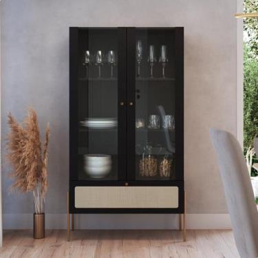 Imagem de Cristaleira 2 Portas Vidro 1 Gaveta 83cm Palhinha Pé Metal Nero Preto/