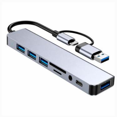 Imagem de Hub USB-C 8 em 1 Adaptador com USB 3.0 Leitor SD TF e Entrada Áudio P2