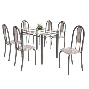 Imagem de Conjunto de Mesa de Cozinha com Tampo de Vidro e 6 Cadeiras Iris Transparente, Prata e Bege Floral