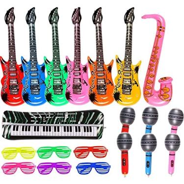 Imagem de Conjunto de brinquedos infláveis Rock Star com 20 adereços de festa instrumentos musicais 6 guitarras infláveis, 6 microfones infláveis, 6 óculos de proteção do obturador, 1 piano inflável e 1 saxofone inflável