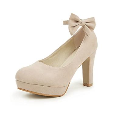 Imagem de GATUXUS Sapato de salto alto plataforma com tira no tornozelo para festa e formatura para mulheres com laços, Bege, 7.5