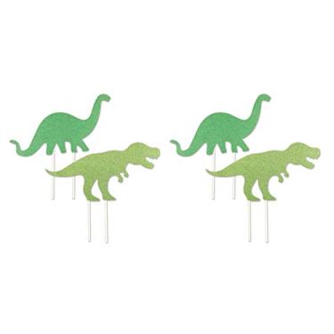 Imagem de Beistle Topos de bolo de aniversário de dinossauro, 4 peças, decorações de festa de comida, brontossauro e T Rex, 20 x 21 cm, verde/verde claro