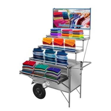 Imagem de Carrinho Expositor de Roupas e Toalhas em Inox com Rodas Pneumáticas e Toldo