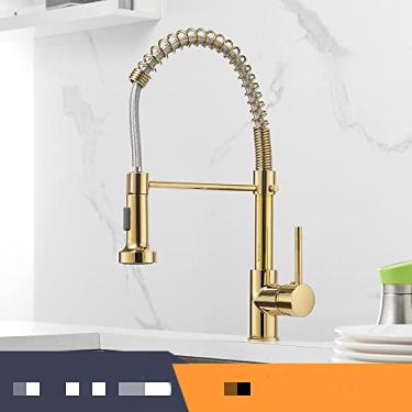 Imagem de Torneiras de cozinha escova torneiras de bronze para pia de cozinha de alavanca única pull out bico de mola misturadores torneira de água quente e fria guindaste, ouro, china
