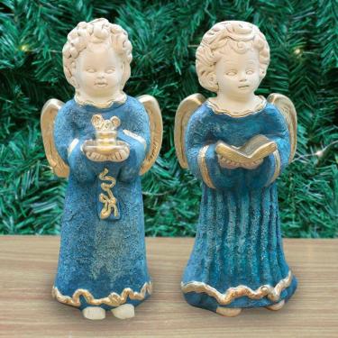 Imagem de Par De Anjos De Gesso Barroco Mineiro Azul Estátua Decorativa