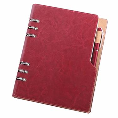 Imagem de A5 6 Anéis Couro PU Folhas Soltas Business Round Pasta Caderno Cadernos 90 Folhas Com Uma Caneta Exposta Inserida, Vinho, 4 PCS