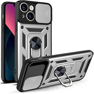 Imagem de KKFAUS Capa para iPhone 13/13 Mini/13 Pro/13 Pro Max, capa de telefone protetora de grau militar com capa de câmera deslizante suporte de anel de metal aprimorado suporte magnético (cor: branco, tamanho: 13 mini 5,4 polegadas)